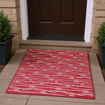 3' X 5' Red And Ivory Nautical Washable Area Rug With UV Protection