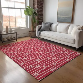 5' X 8' Red And Ivory Nautical Washable Area Rug With UV Protection