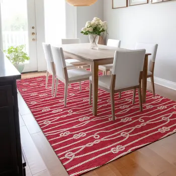 5' X 8' Red And Ivory Nautical Washable Area Rug With UV Protection