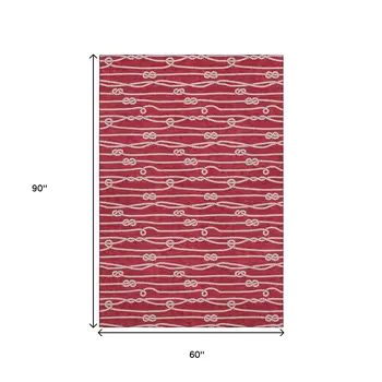5' X 8' Red And Ivory Nautical Washable Area Rug With UV Protection