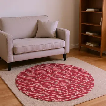 8' Red And Ivory Nautical Washable Round Rug With UV Protection