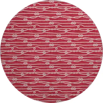 8' Red And Ivory Nautical Washable Round Rug With UV Protection