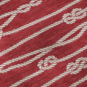 8' Red And Ivory Nautical Washable Round Rug With UV Protection