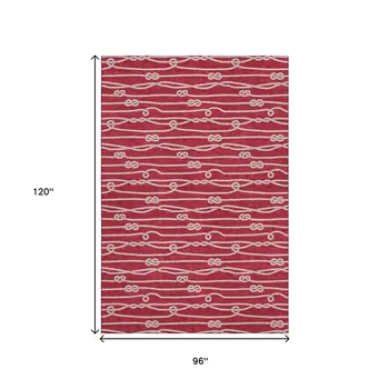 8' X 10' Red And Ivory Nautical Washable Area Rug With UV Protection