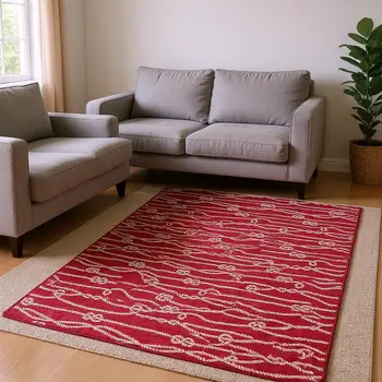 8' X 10' Red And Ivory Nautical Washable Area Rug With UV Protection