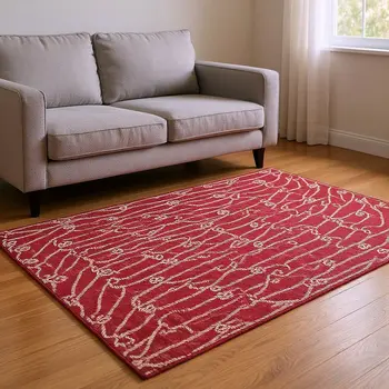 9' X 12' Red And Ivory Nautical Washable Area Rug With UV Protection