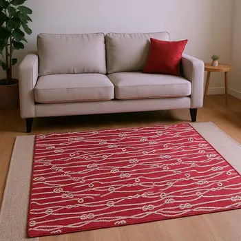 10' X 14' Red And Ivory Nautical Washable Area Rug With UV Protection