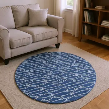 8' Navy Blue And Ivory Nautical Washable Round Rug With UV Protection