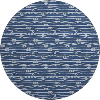 8' Navy Blue And Ivory Nautical Washable Round Rug With UV Protection