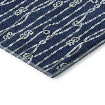 8' Navy Blue And Ivory Nautical Washable Round Rug With UV Protection