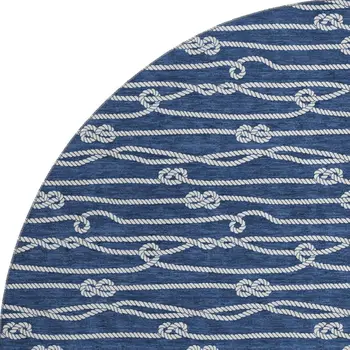 8' Navy Blue And Ivory Nautical Washable Round Rug With UV Protection