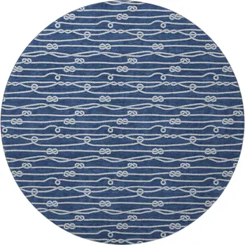 8' Navy Blue And Ivory Nautical Washable Round Rug With UV Protection