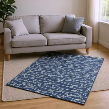 8' X 10' Navy Blue And Ivory Nautical Washable Area Rug With UV Protection
