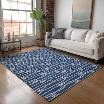 8' X 10' Navy Blue And Ivory Nautical Washable Area Rug With UV Protection