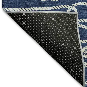 8' X 10' Navy Blue And Ivory Nautical Washable Area Rug With UV Protection