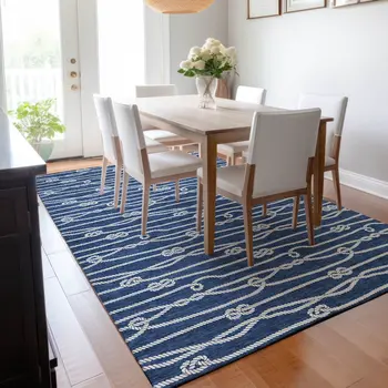 8' X 10' Navy Blue And Ivory Nautical Washable Area Rug With UV Protection