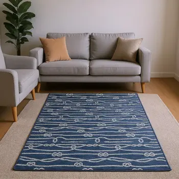 9' X 12' Navy Blue And Ivory Nautical Washable Area Rug With UV Protection