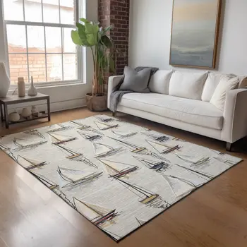 3' X 5' Ivory Gold And Black Nautical Washable Area Rug With UV Protection