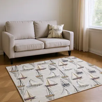 5' X 8' Ivory Gold And Black Nautical Washable Area Rug With UV Protection