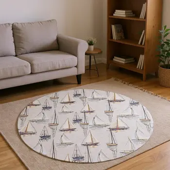 8' Ivory Gold And Black Nautical Washable Round Rug With UV Protection