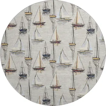 8' Ivory Gold And Black Nautical Washable Round Rug With UV Protection