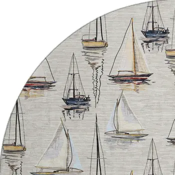 8' Ivory Gold And Black Nautical Washable Round Rug With UV Protection