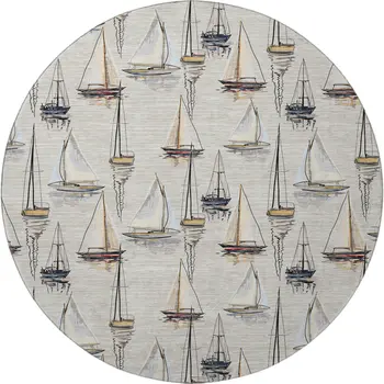 8' Ivory Gold And Black Nautical Washable Round Rug With UV Protection