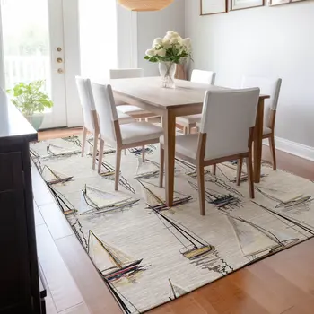8' X 10' Ivory Gold And Black Nautical Washable Area Rug With UV Protection