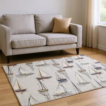 9' X 12' Ivory Gold And Black Nautical Washable Area Rug With UV Protection