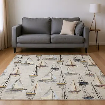 10' X 14' Ivory Gold And Black Nautical Washable Area Rug With UV Protection