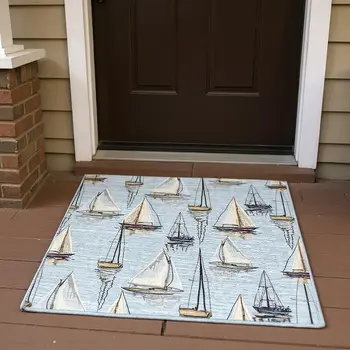 3' X 5' Sky Blue Gold And Ivory Nautical Washable Area Rug With UV Protection