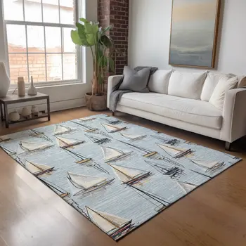 3' X 5' Sky Blue Gold And Ivory Nautical Washable Area Rug With UV Protection