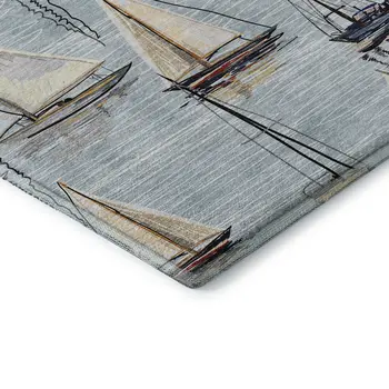 3' X 5' Sky Blue Gold And Ivory Nautical Washable Area Rug With UV Protection