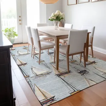 3' X 5' Sky Blue Gold And Ivory Nautical Washable Area Rug With UV Protection