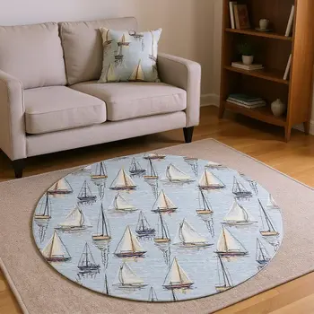 8' Sky Blue Gold And Ivory Nautical Washable Round Rug With UV Protection