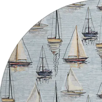 8' Sky Blue Gold And Ivory Nautical Washable Round Rug With UV Protection