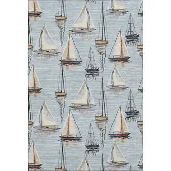 8' X 10' Sky Blue Gold And Ivory Nautical Washable Area Rug With UV Protection