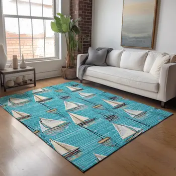 3' X 5' Teal Blue Ivory And Gold Nautical Washable Area Rug With UV Protection