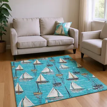 5' X 8' Teal Blue Ivory And Gold Nautical Washable Area Rug With UV Protection
