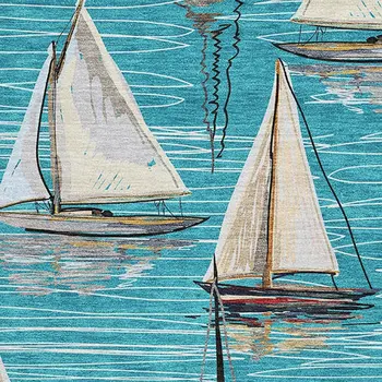 5' X 8' Teal Blue Ivory And Gold Nautical Washable Area Rug With UV Protection