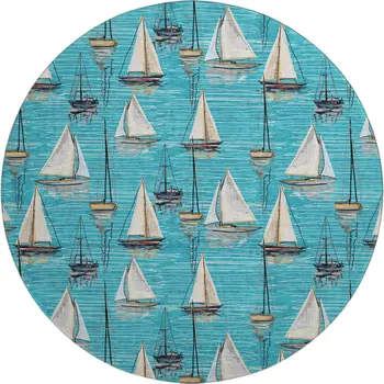 8' Teal Blue Ivory And Gold Nautical Washable Round Rug With UV Protection
