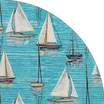 8' Teal Blue Ivory And Gold Nautical Washable Round Rug With UV Protection