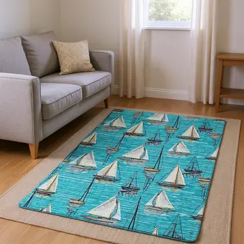 8' X 10' Teal Blue Ivory And Gold Nautical Washable Area Rug With UV Protection