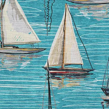 8' X 10' Teal Blue Ivory And Gold Nautical Washable Area Rug With UV Protection