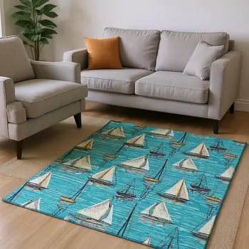 9' X 12' Teal Blue Ivory And Gold Nautical Washable Area Rug With UV Protection