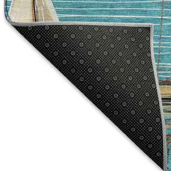 9' X 12' Teal Blue Ivory And Gold Nautical Washable Area Rug With UV Protection