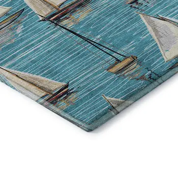 9' X 12' Teal Blue Ivory And Gold Nautical Washable Area Rug With UV Protection