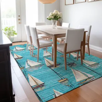 9' X 12' Teal Blue Ivory And Gold Nautical Washable Area Rug With UV Protection