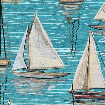 9' X 12' Teal Blue Ivory And Gold Nautical Washable Area Rug With UV Protection