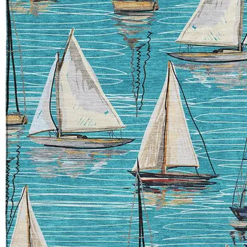 9' X 12' Teal Blue Ivory And Gold Nautical Washable Area Rug With UV Protection
